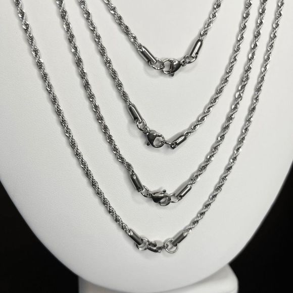 Silver Rope Necklaces for Men Women Solid 316l Stainless Steel Waterproof Chain - Picture 7 of 8